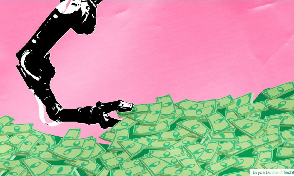 image of robotic arm grabbing at a pile of money