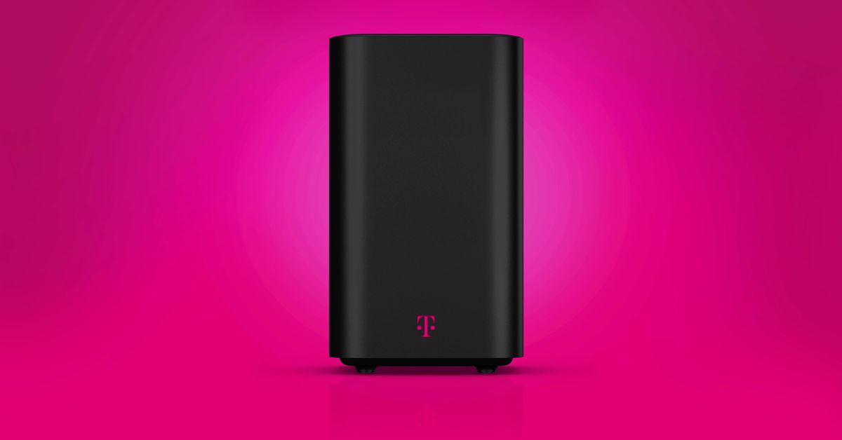 Picture of T-Mobile home internet gateway on a magenta background.