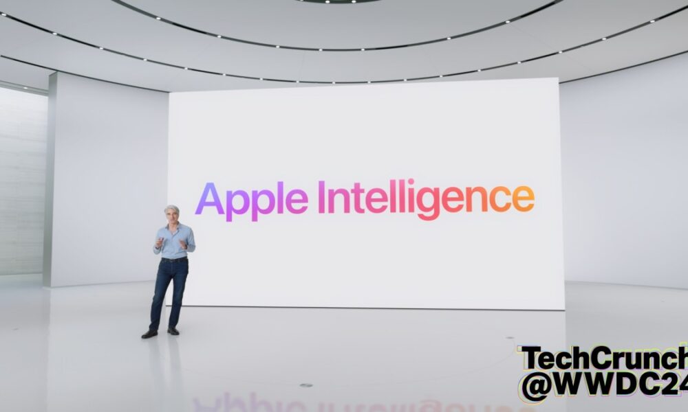 Apple Software Engineering SVP Craig Federighi, seen presenting Apple Intelligence at WWDC 2024