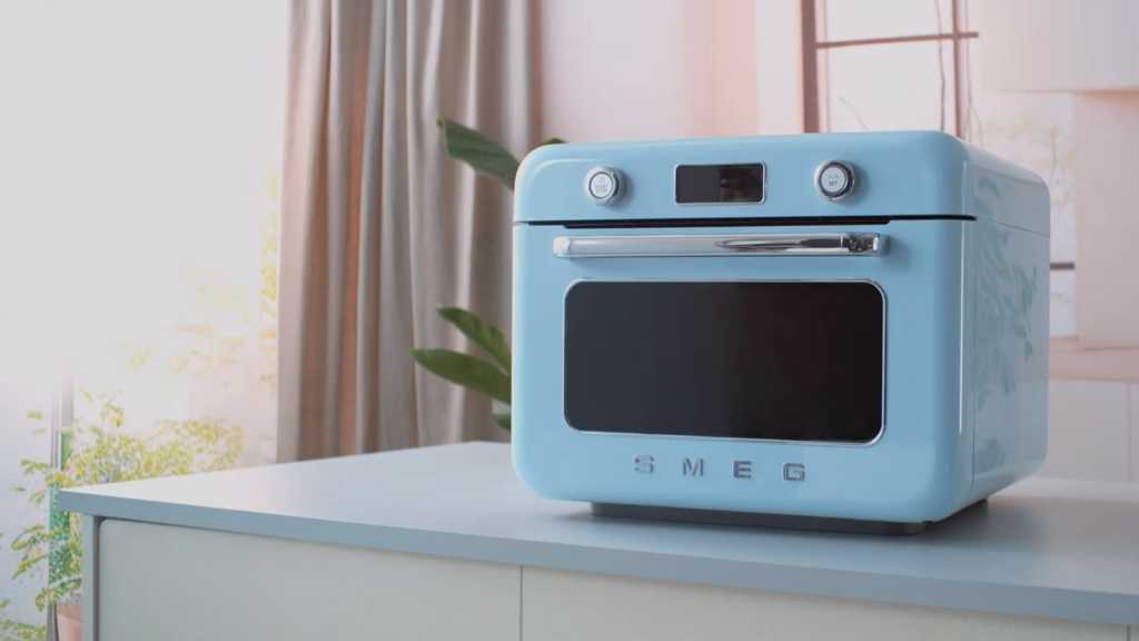 Smeg oven in pale blue, on a kitchen counter