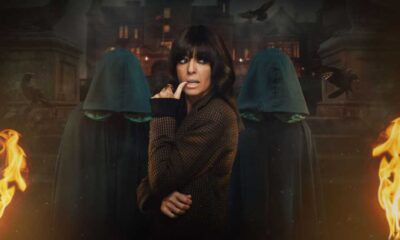 Claudia Winkleman and two Traitors in cloaks