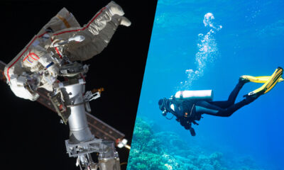 two images: an astronaut on a spacewalk and a scuba diver