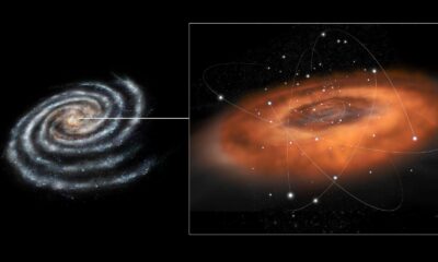 This artist concept illustrates the frenzied activity at the core of our Milky Way galaxy. The galactic center hosts a supermassive black hole in the region known as Sagittarius A*, or Sgr A*, with a mass of about four million times that of our sun.