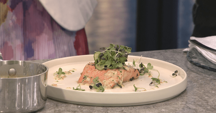 Gitanyow salmon with kelp-infused butter, pickled cucumbers, mustard seed sauce - BC