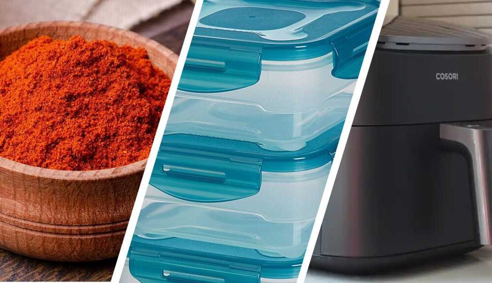 Images of spice, Tupperware containers and an air fryer