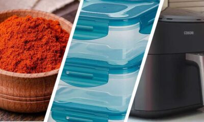 Images of spice, Tupperware containers and an air fryer