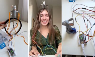 three photos: a rat holding orange string, a woman with a robot rat on her head and a robot rat with wires coming out of it