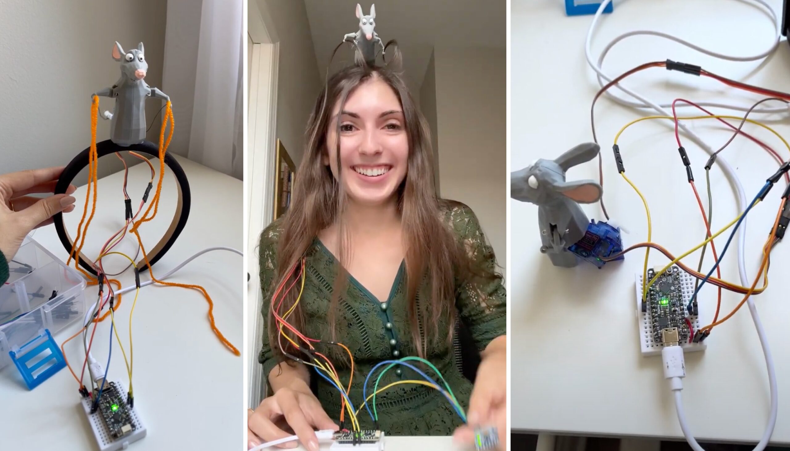 three photos: a rat holding orange string, a woman with a robot rat on her head and a robot rat with wires coming out of it