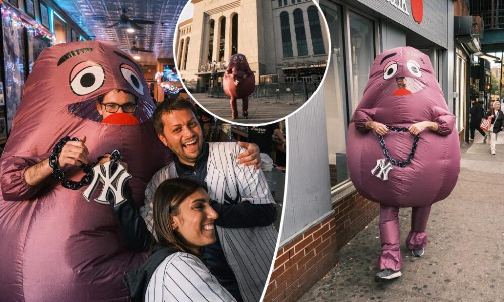 Post reporter wears Mets Grimace costume with Yankees fans in the Bronx