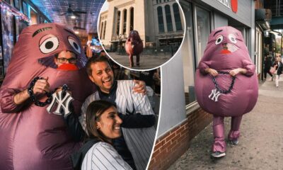 Post reporter wears Mets Grimace costume with Yankees fans in the Bronx