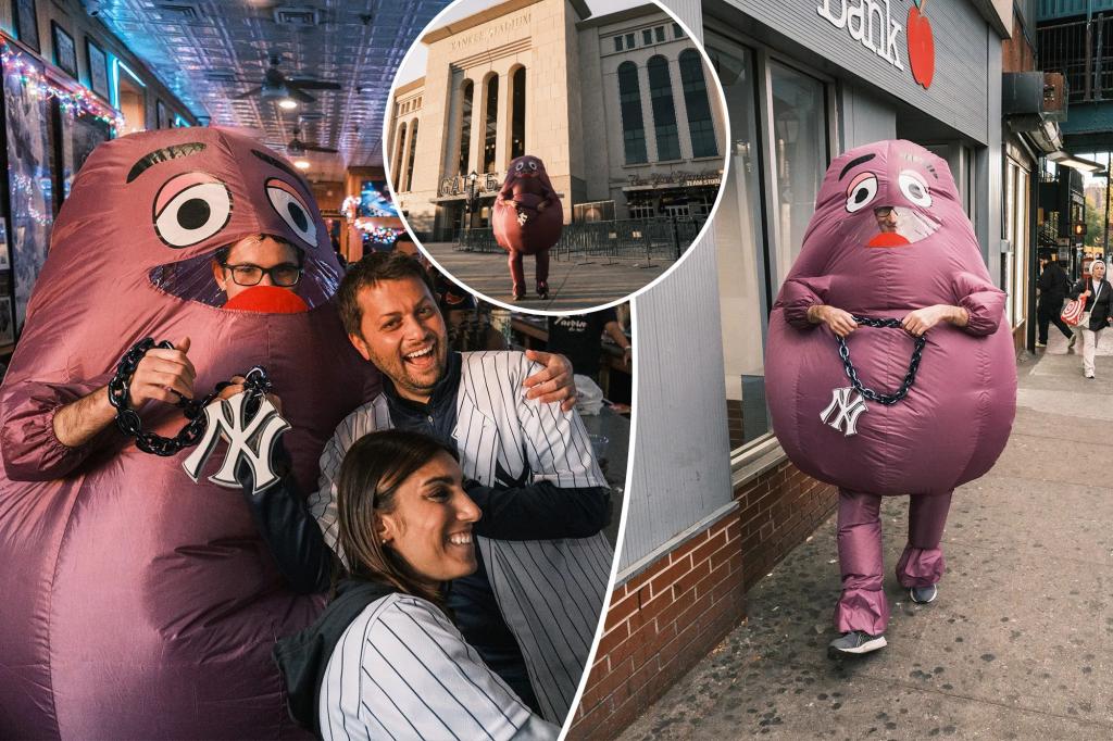 Post reporter wears Mets Grimace costume with Yankees fans in the Bronx