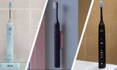 Three electric toothbrushes against different backgrounds