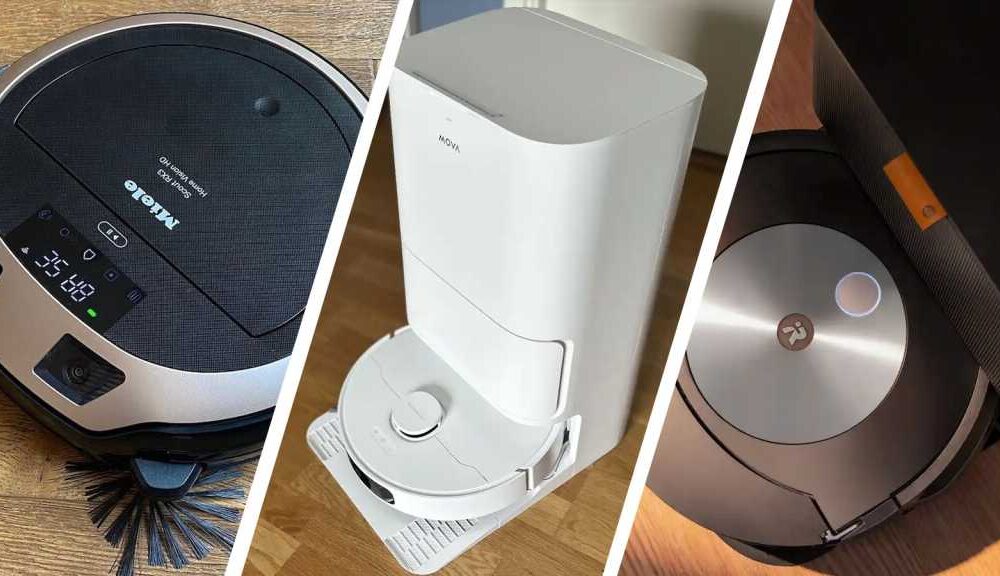 Three images of robot vacuums, taken from different angles