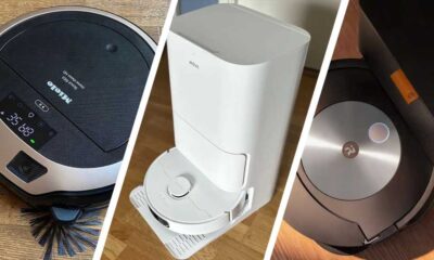 Three images of robot vacuums, taken from different angles