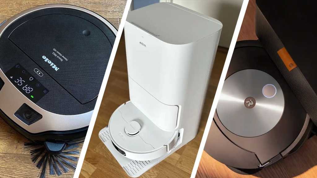 Three images of robot vacuums, taken from different angles