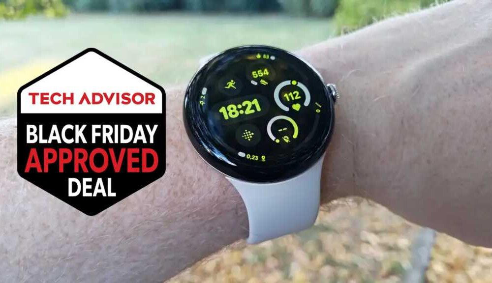 Google Pixel Watch 3 next to Tech Advisor Black Friday Approved Deal badge