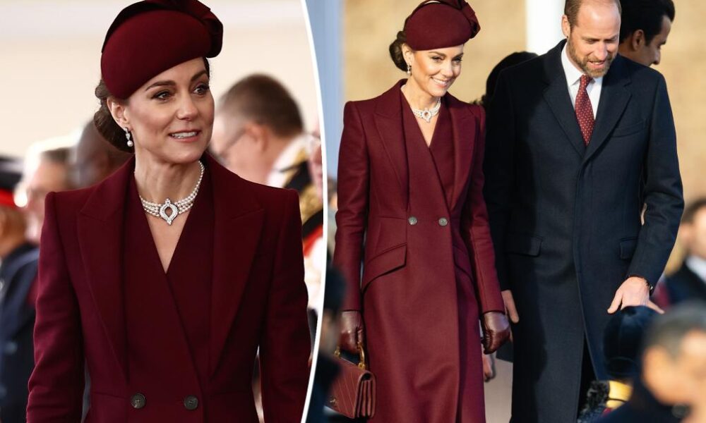 Kate Middleton returns to royal duties in monochromatic burgundy and Queen Elizabeth's pearls