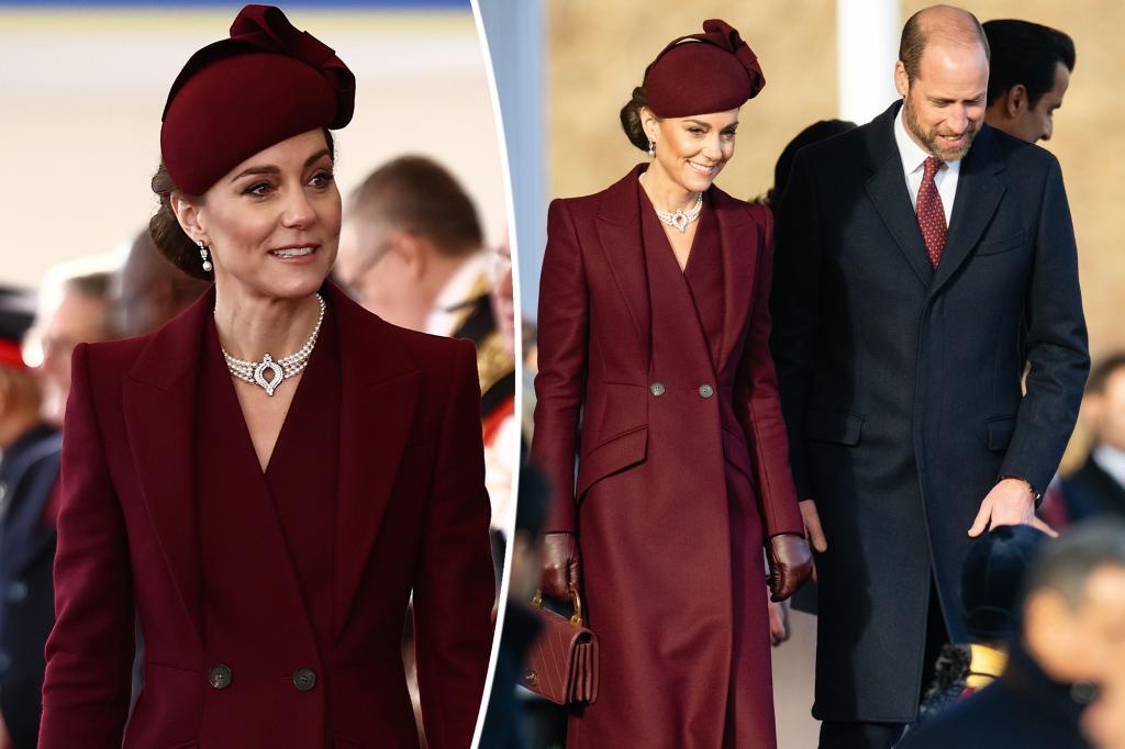 Kate Middleton returns to royal duties in monochromatic burgundy and Queen Elizabeth's pearls