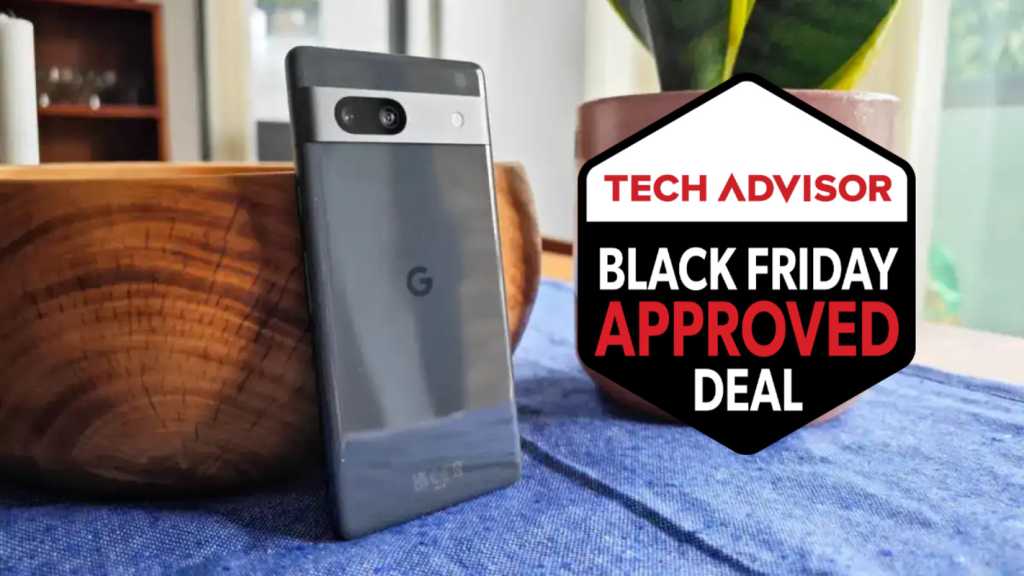 Google Pixel 7a next to Tech Advisor Black Friday Approved Deal badge