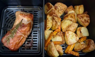 Turkey and roast potatoes and carrots in an air fryer