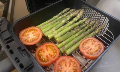 Two layers of vegetables ready to go into the air fryer