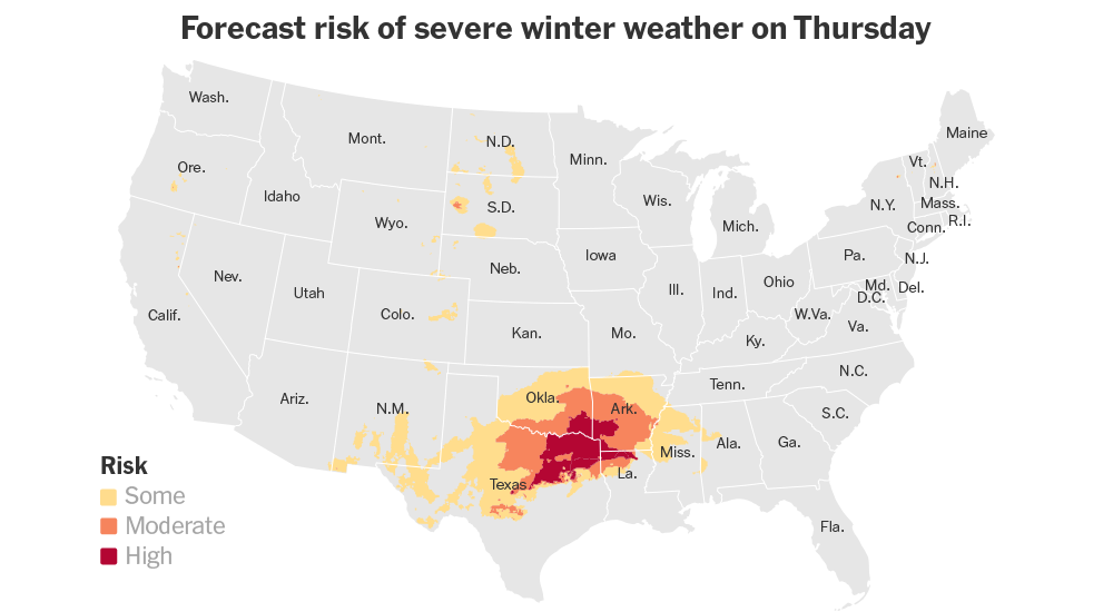 Heavy Snow and Ice Is Forecast for Southern U.S. on Thursday and Friday