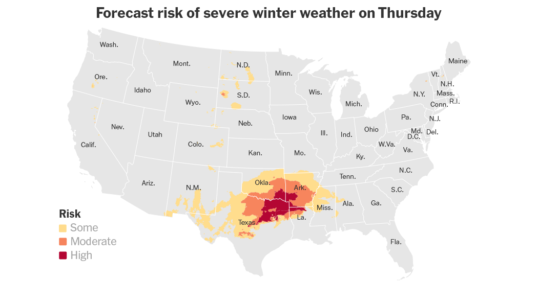 Heavy Snow and Ice Is Forecast for Southern U.S. on Thursday and Friday