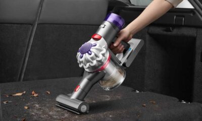 Handheld vacuum being used to clean up leaves in the back of a car