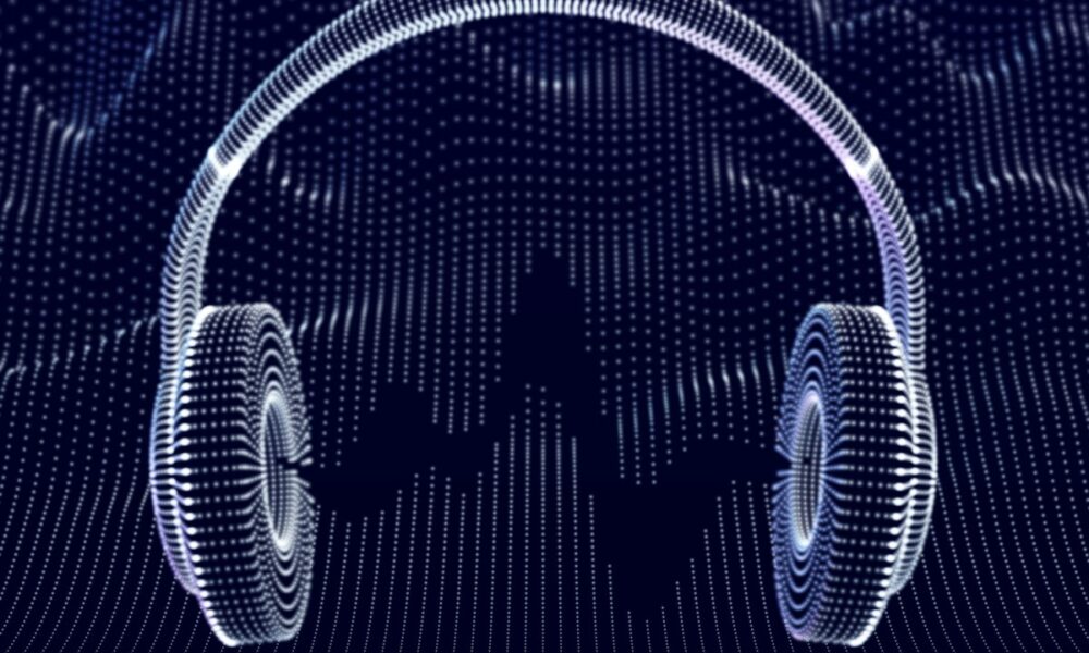 3D headphones with sound waves on dark background. Concept of electronic music listening and digital audio. Abstract visualization of digital sound waves and modern art. Vector illustration. (3D headphones with sound waves on dark background. Concept