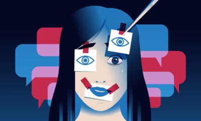 Crying woman with smiling stickers on the face. Deepfake, sexual harassment in internet, digital sex crime concept. Vector illustration.