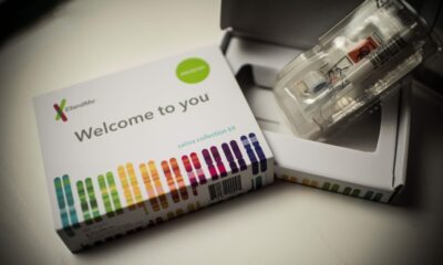 This illustration picture shows a saliva collection kit for DNA testing displayed in Washington DC