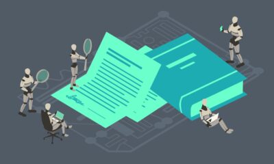Robots work on a contract and review a legal book to illustrate AI usage in law.
