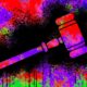 Concept illustration depicting messy litigation with an illustrated gavel on a multicolored background
