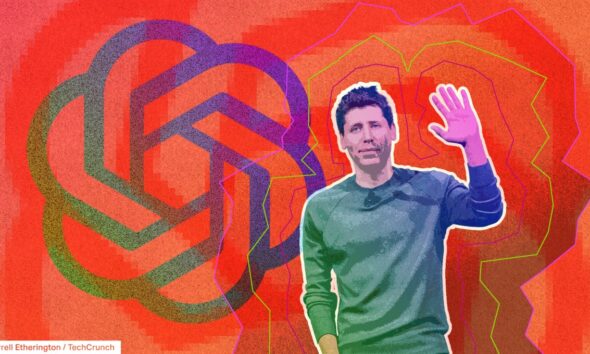 An illustration of Sam Altman in front of the OpenAI logo