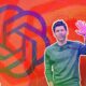 An illustration of Sam Altman in front of the OpenAI logo